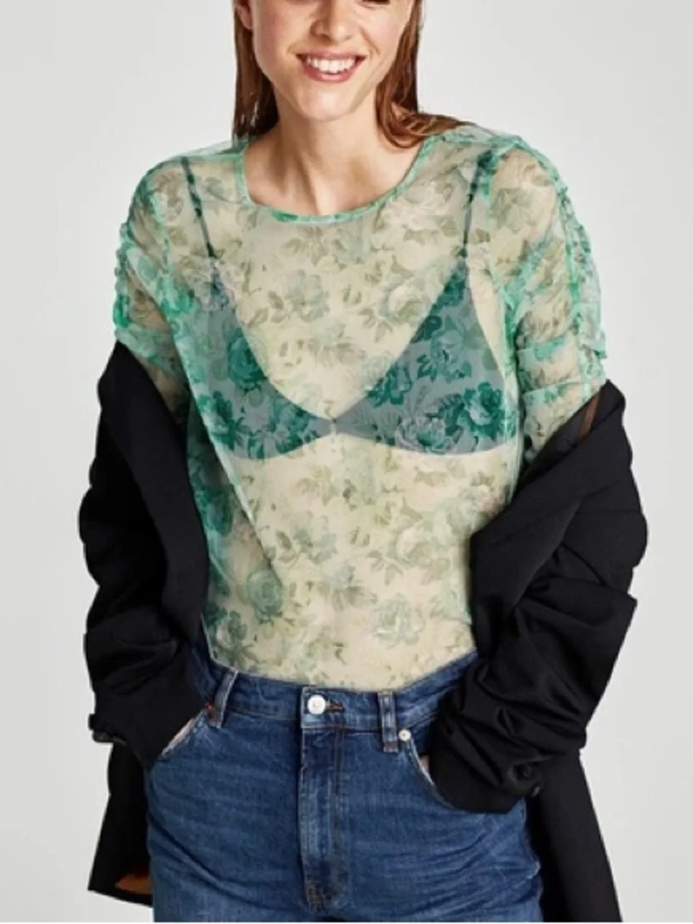 Zara Women M Green Floral Mesh Sheer Y2K Ruched Long Sleeve Blouse NWOT